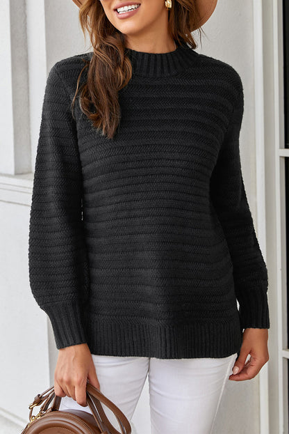 Black Solid Color Stand Collar Textured Sweater