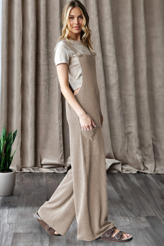 Ribbed Knit Patch Pocket Wide Leg Overalls