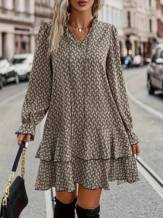 Elegant Plus Size V-Neck Ruffle Sleeve Mini Dress