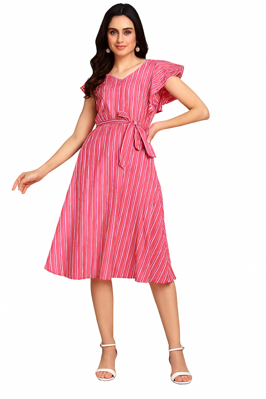 Pink Striped Fit & Flare Dress with Waist Tie-Up  (Size-S)