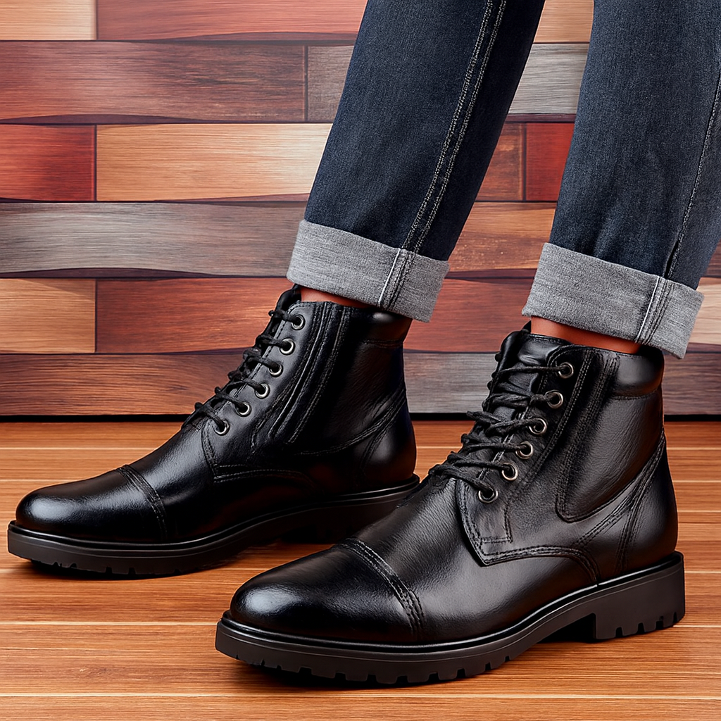 Men’s Black Leather Lace-Up Boots with Cap Toe