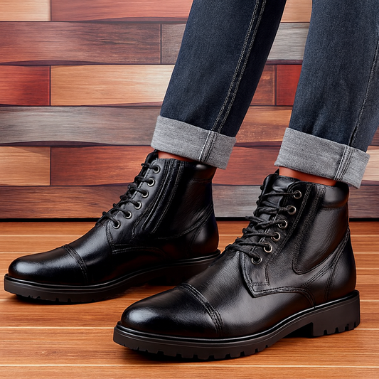 Men’s Black Leather Lace-Up Boots with Cap Toe
