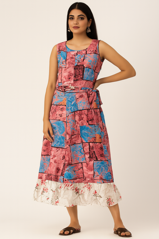 Dress For Women, Pink & Blue (Size-L)