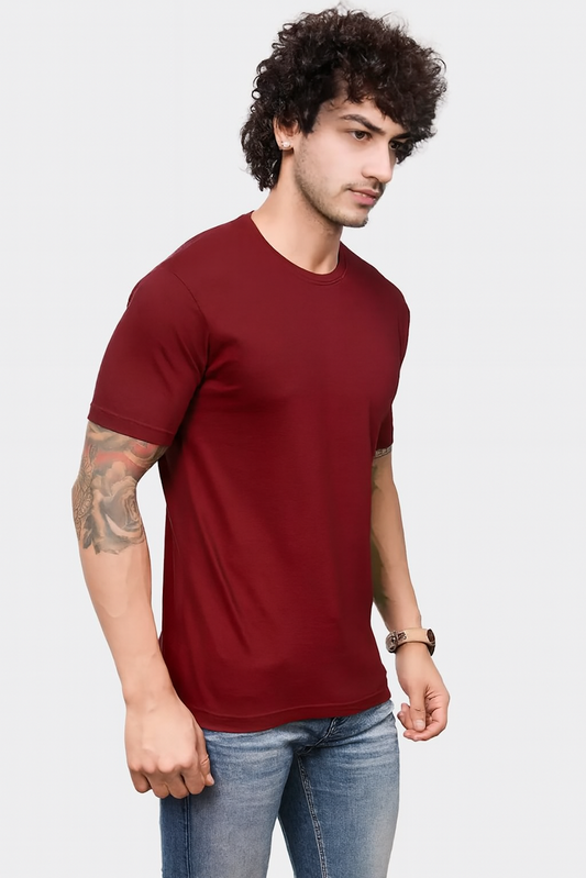 Men Graphic Print Round Neck Organic Cotton T-Shirt-Maroon M&B | D121