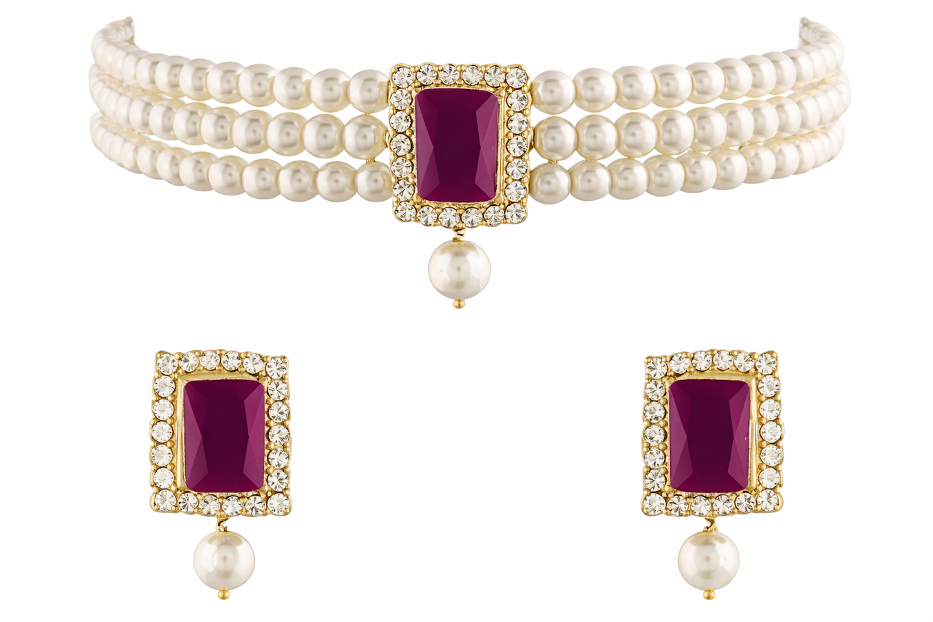 Pearl-Studded Choker with Magenta Stone Pendant