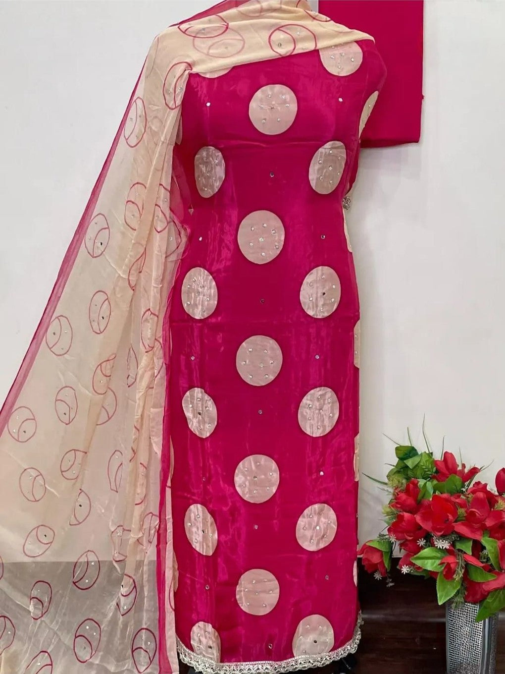 Vibrant Pink Polka Dot Suit with Delicate Embroidery and Sheer Dupatta