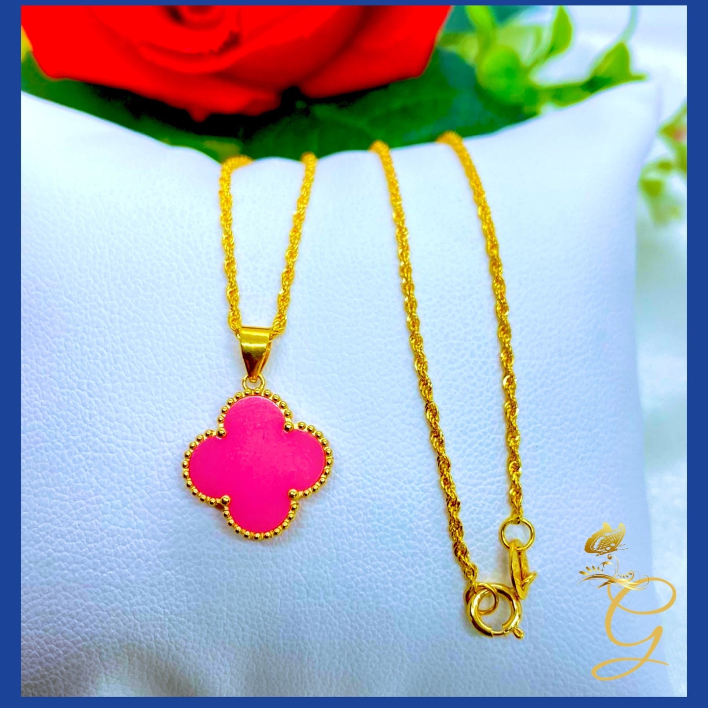 18K Real Gold 15mm Pink Cloverleaf Necklace 18”