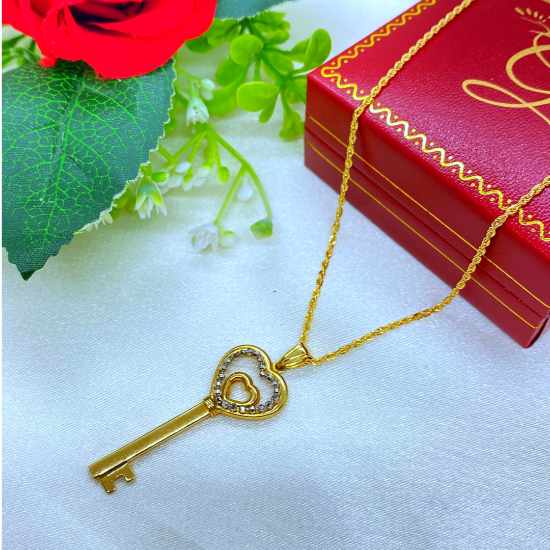 18K Real Gold Heart Key Necklace 18”