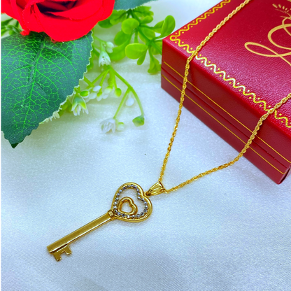 18K Real Gold Heart Key Necklace 18”