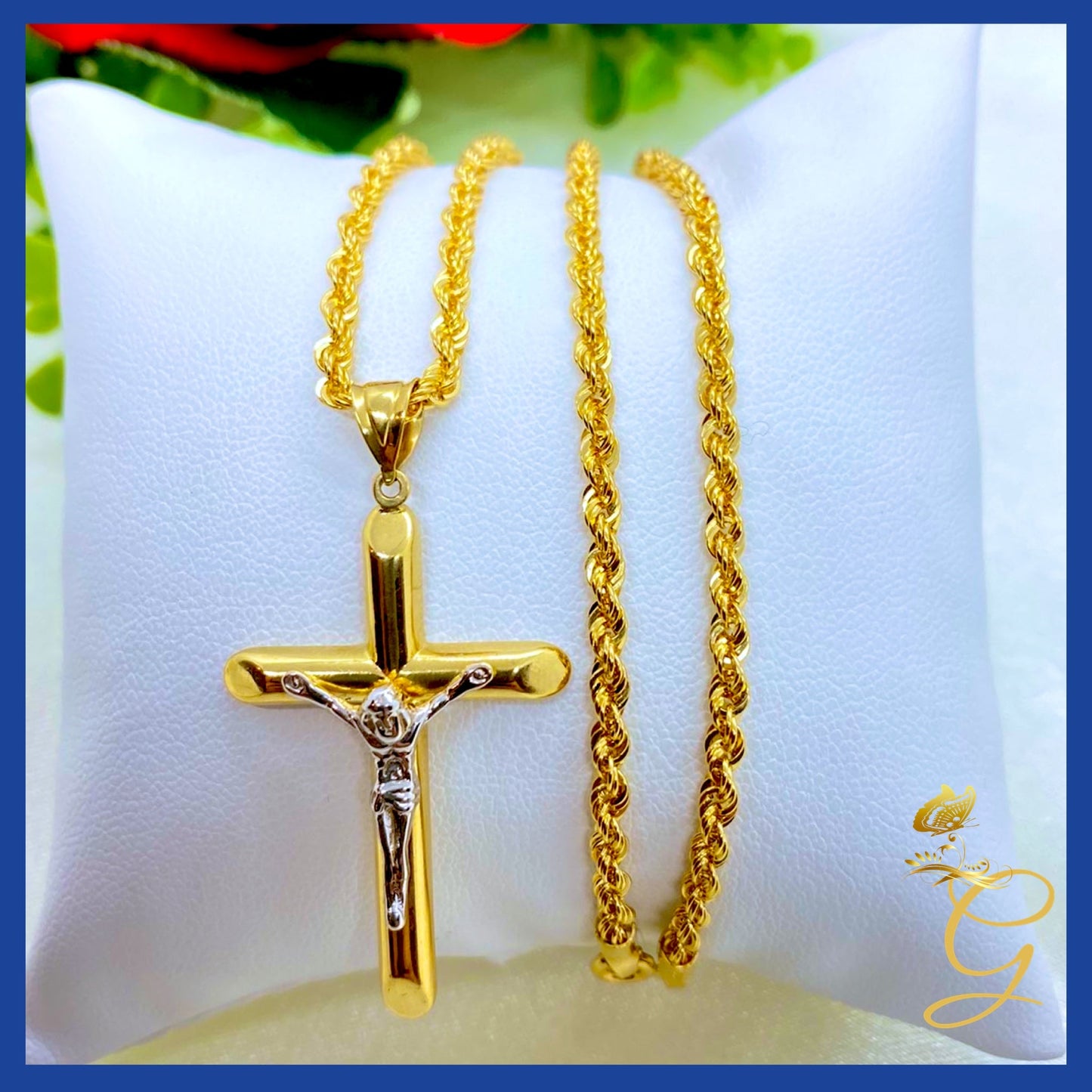 18K Real Gold Cross Necklace 20”