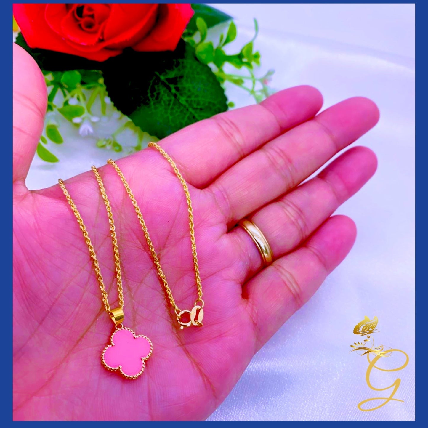 18K Real Gold 15mm Pink Cloverleaf Necklace 18”