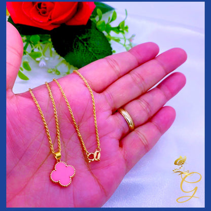 18K Real Gold 15mm Pink Cloverleaf Necklace 18”