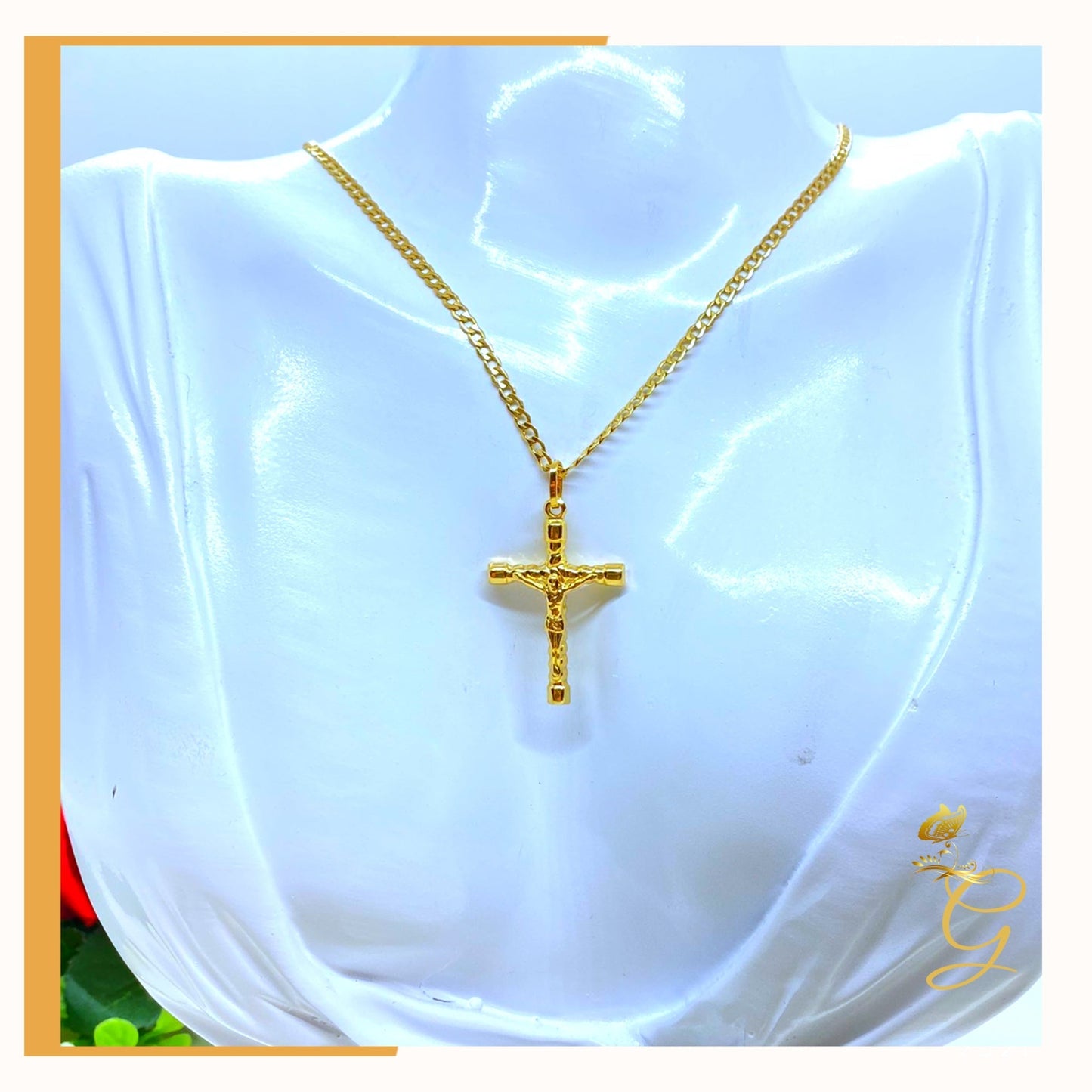 18K Real Gold Cross Necklace 18”