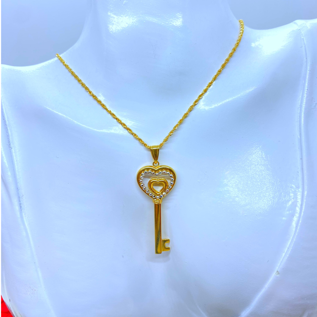 18K Real Gold Heart Key Necklace 18”