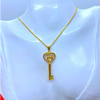 18K Real Gold Heart Key Necklace 18”