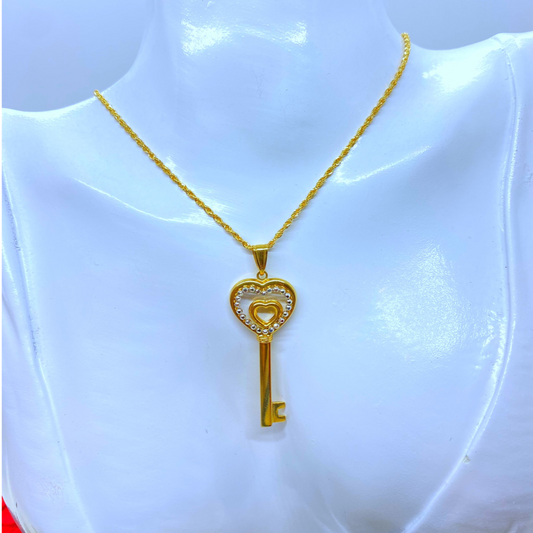 18K Real Gold Heart Key Necklace 18”
