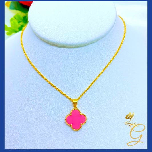 18K Real Gold 15mm Pink Cloverleaf Necklace 18”