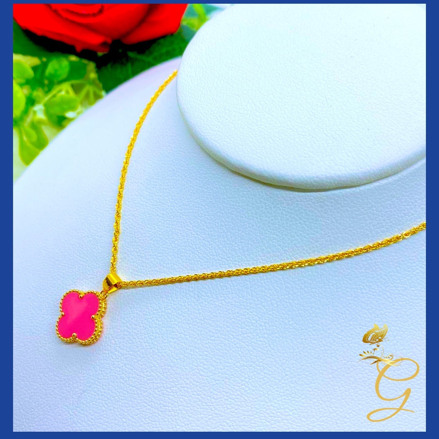 18K Real Gold 15mm Pink Cloverleaf Necklace 18”