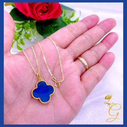 18K Real Gold Blue 20mm Cloverleaf Necklace 18”