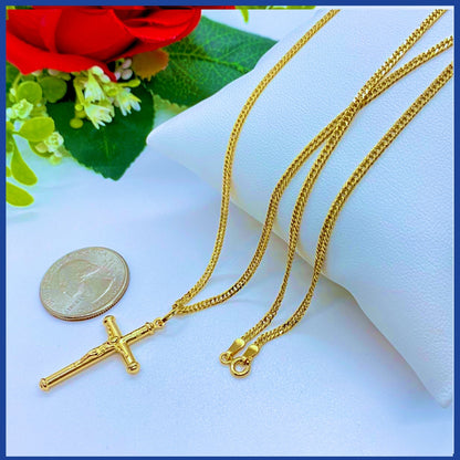 18K Real Gold Cross Necklace 24”