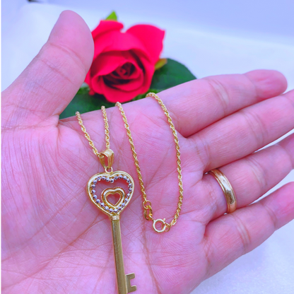 18K Real Gold Heart Key Necklace 18”