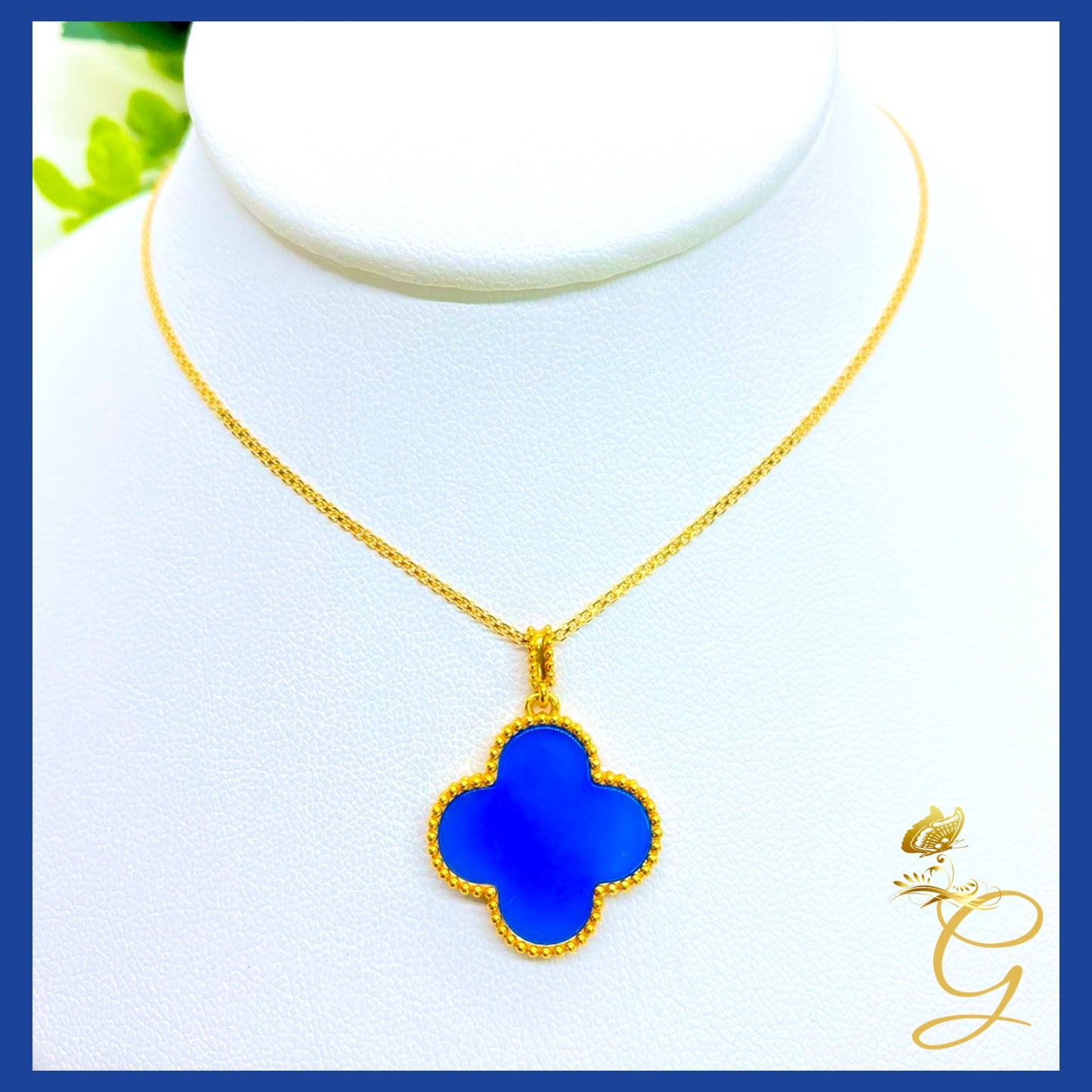 18K Real Gold Blue 20mm Cloverleaf Necklace 18”