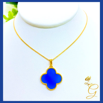 18K Real Gold Blue 20mm Cloverleaf Necklace 18”