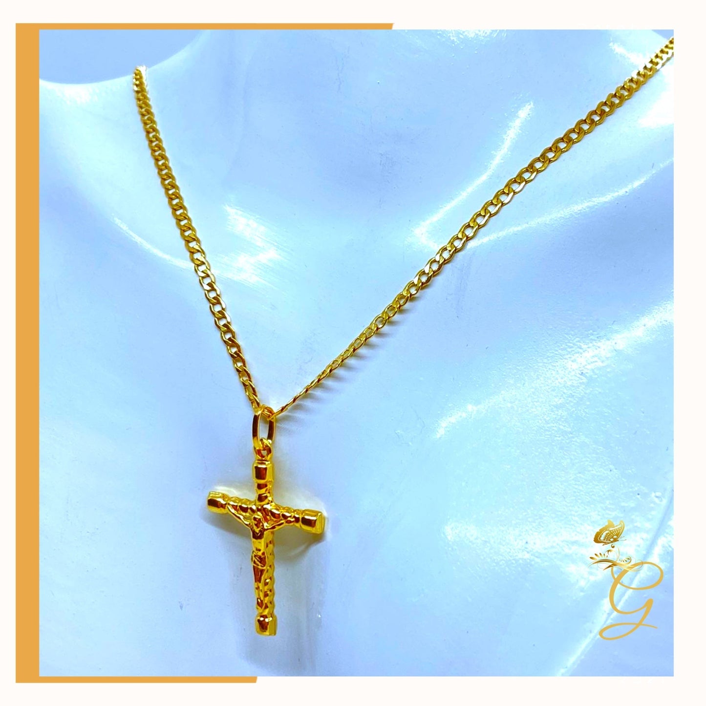 18K Real Gold Cross Necklace 18”