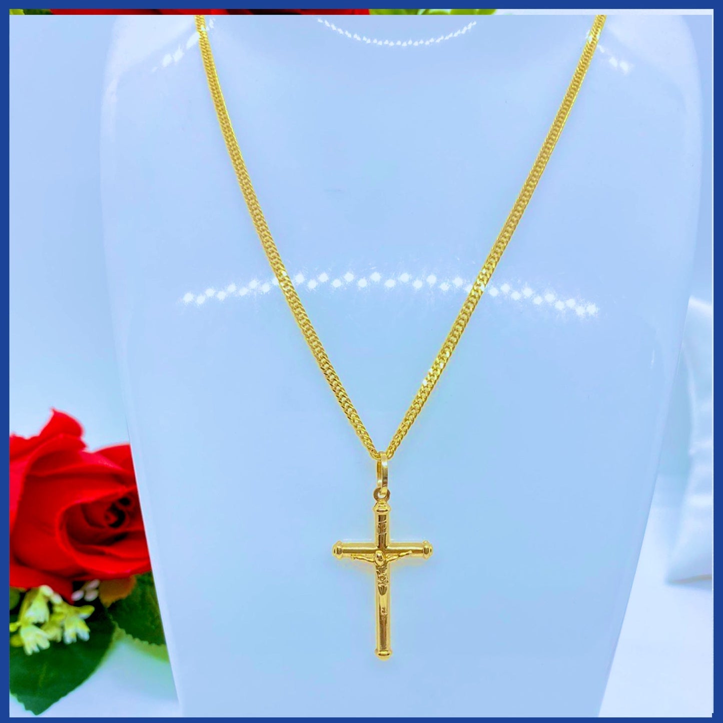 18K Real Gold Cross Necklace 24”