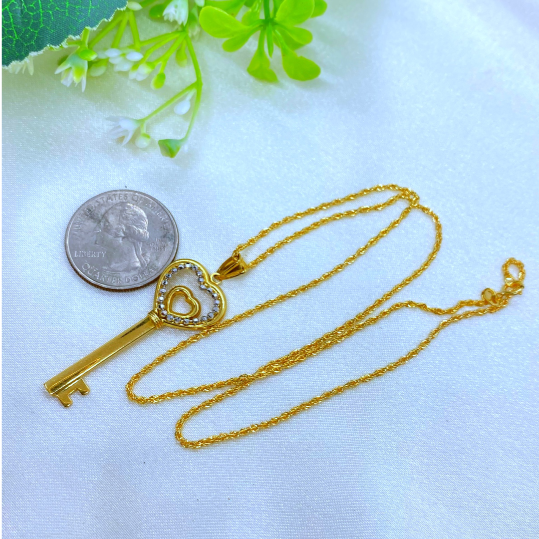 18K Real Gold Heart Key Necklace 18”