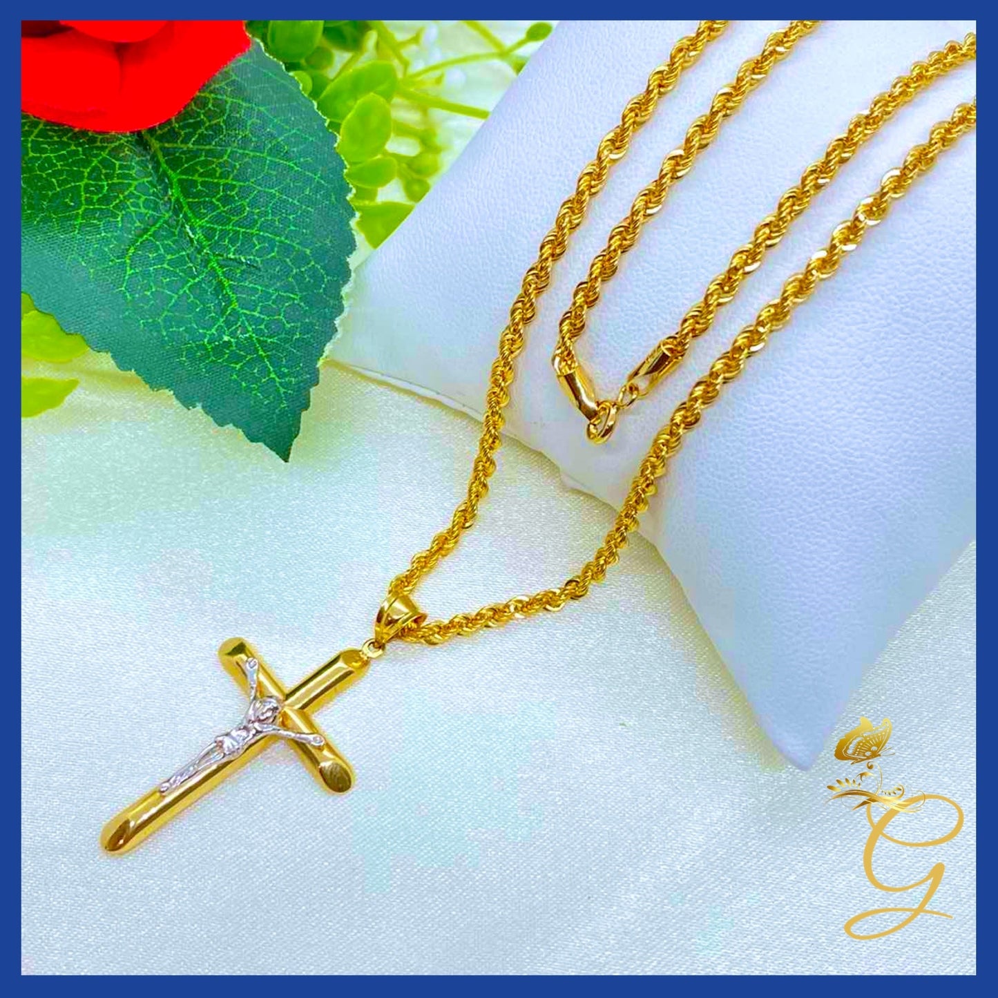 18K Real Gold Cross Necklace 20”