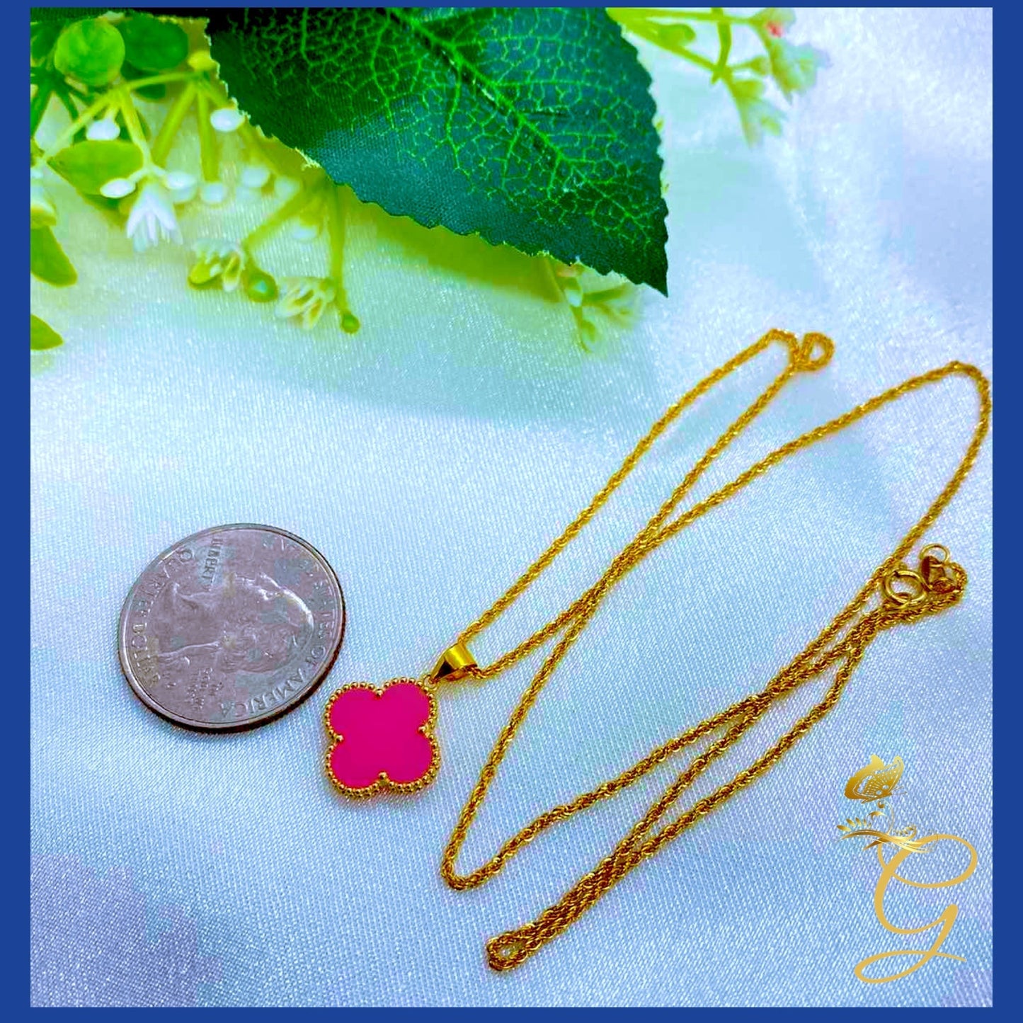 18K Real Gold 15mm Pink Cloverleaf Necklace 18”