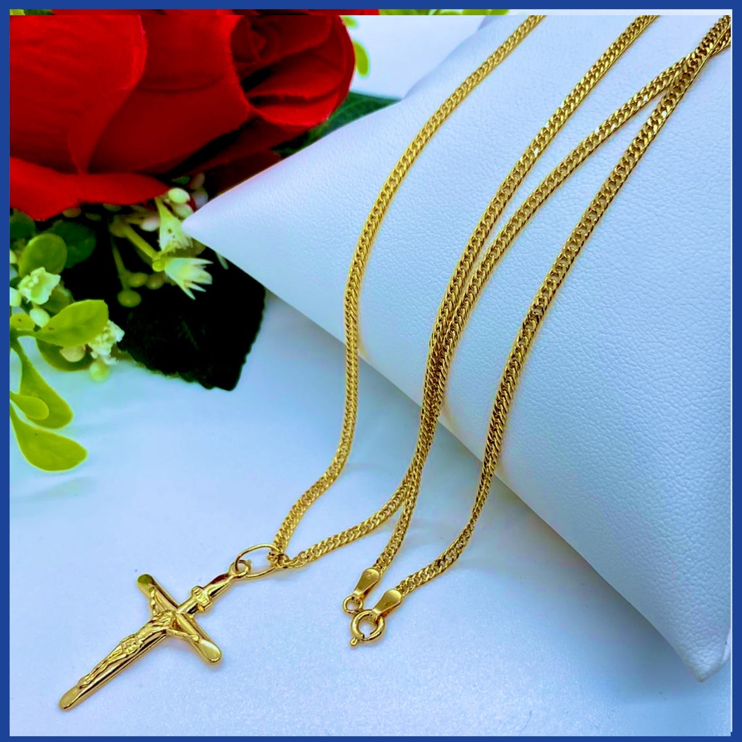 18K Real Gold Cross Necklace 24”